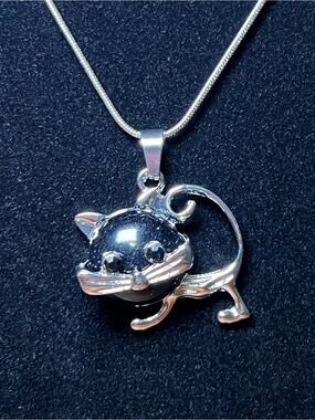 Silver Tone Black Cat Pendant Necklace